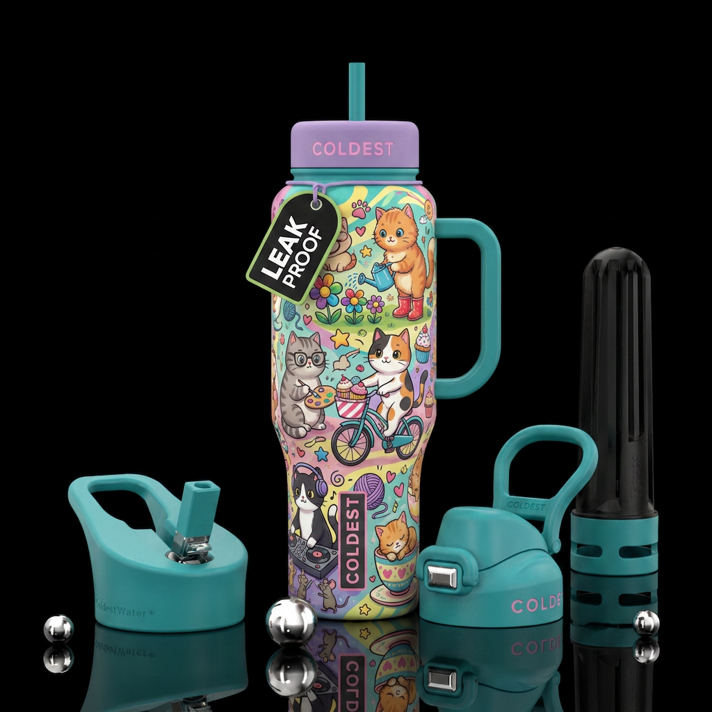 A whimsical world filled with adorable cartoon cat... water bottle design