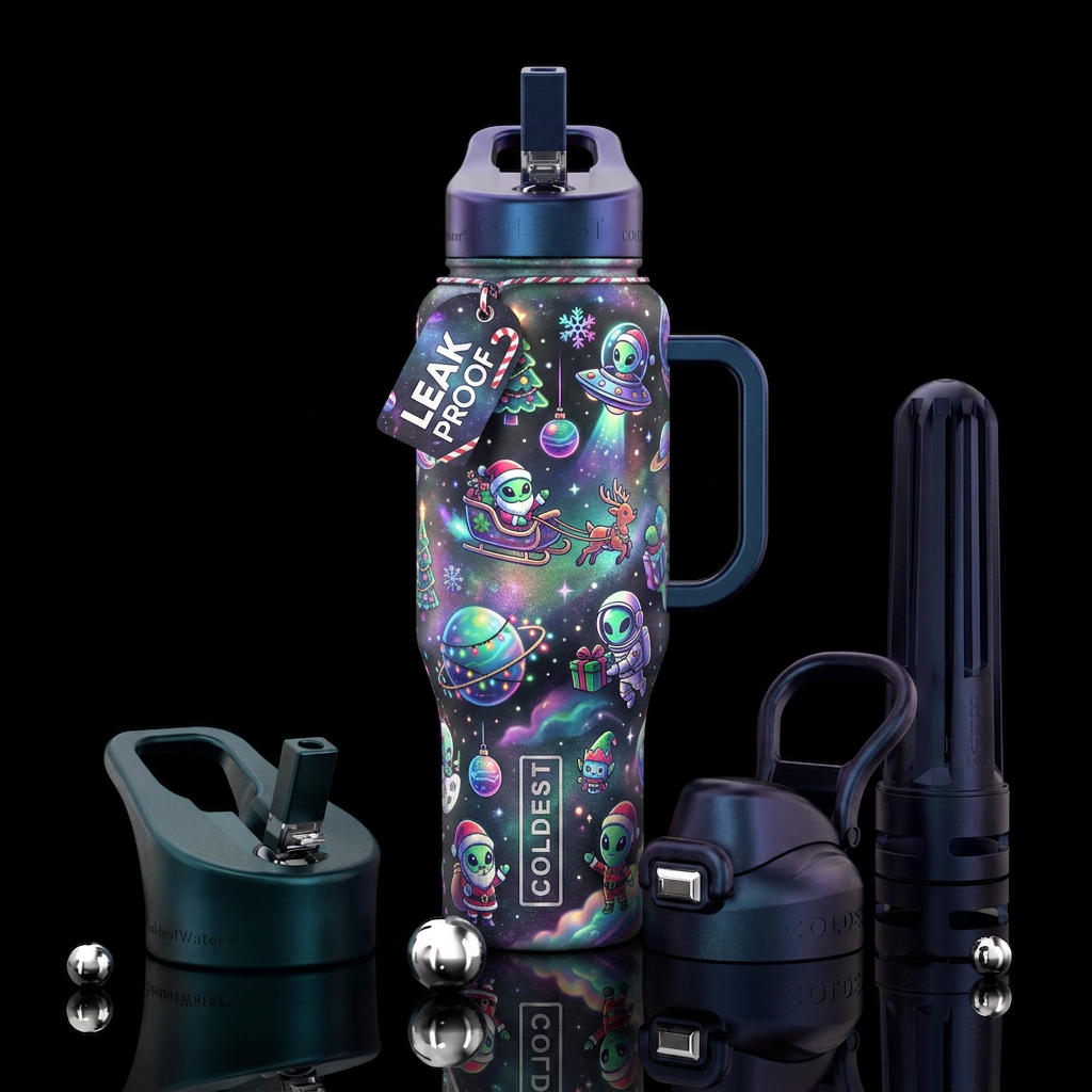 A futuristic glowing Christmas space adventure pat... water bottle design