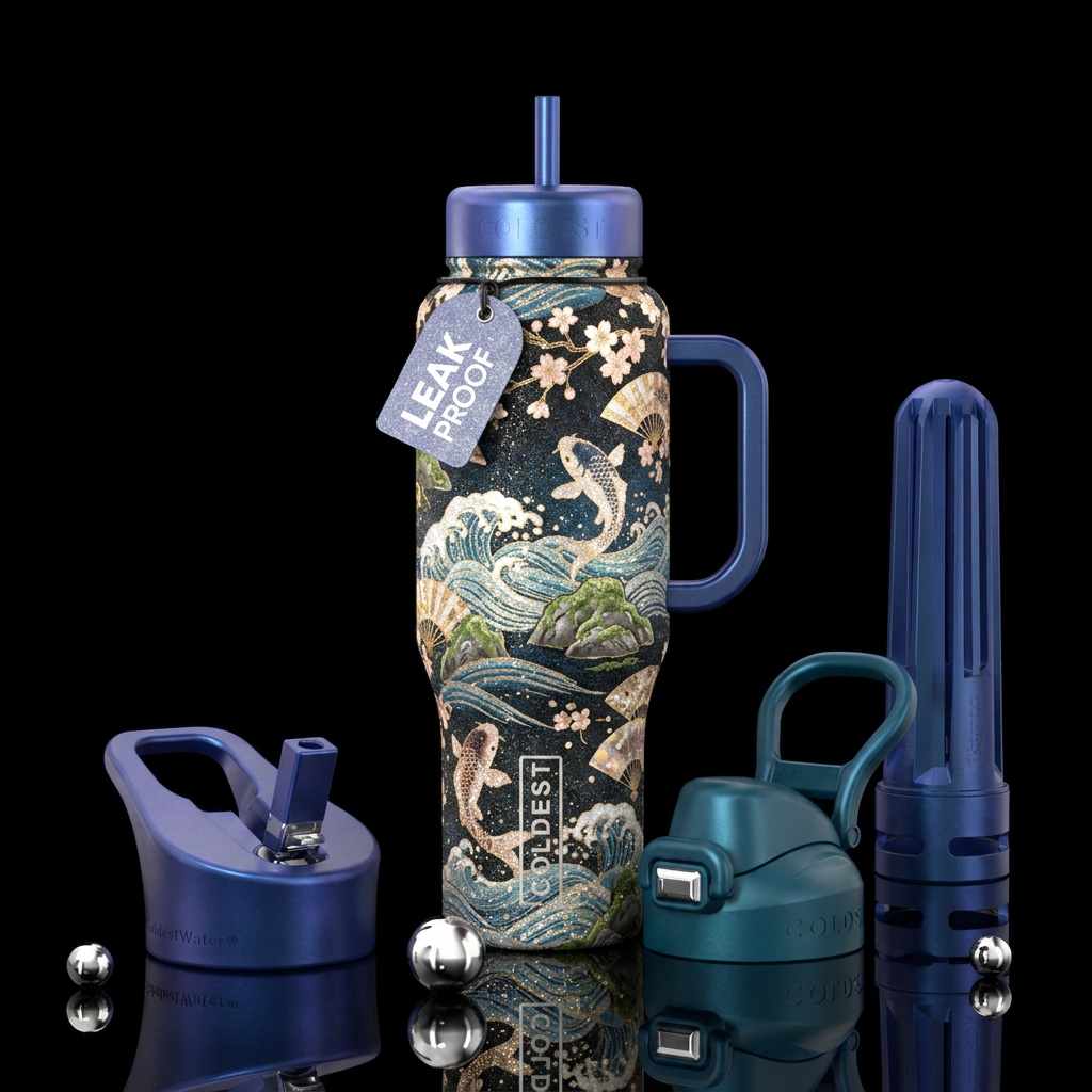japanese, tranquil, sparkly, shiny, seamless, ocea... water bottle design