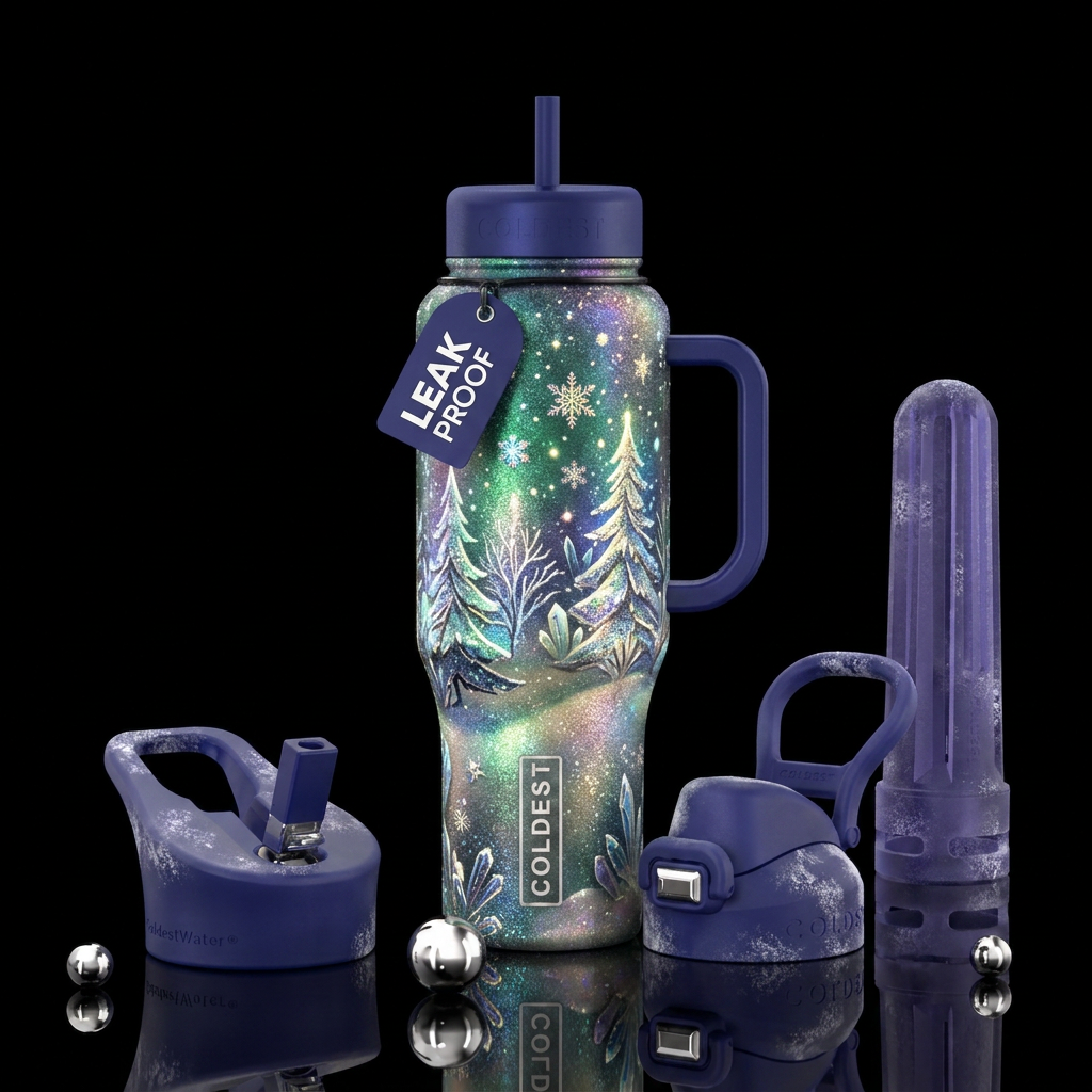 magical, vibrant, sparkly, beautiul, glowie, winte... water bottle design