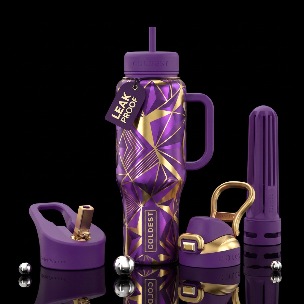Vibrant , glossy, purple and gold, geometric water bottle design