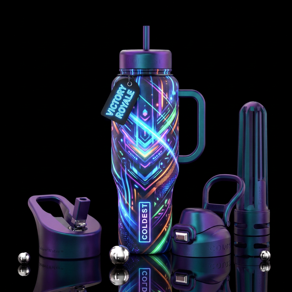 battle royale, glowie, vibrant, artistic, abstract water bottle design