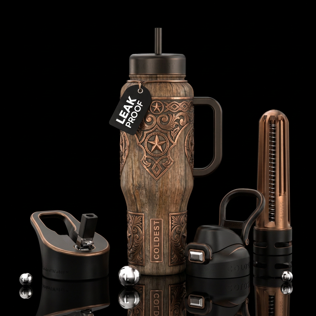 Rustic wood grain bottle with bronzed inlay and we... water bottle design