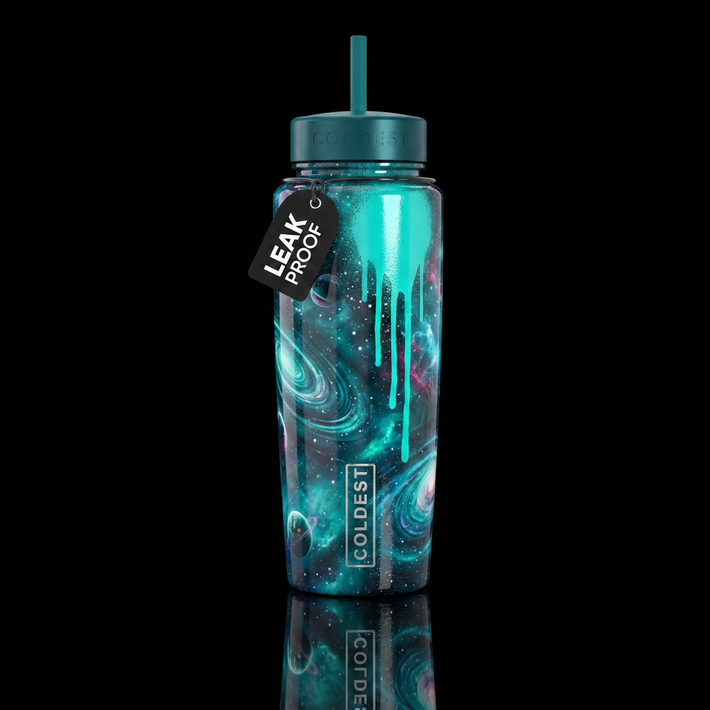 multiverse, teal, shiny, vibrant, dripping, spray ... water bottle design