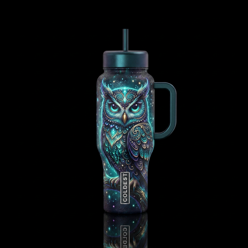 owl, glowie, sparkly, stylistic, whimsical water bottle design