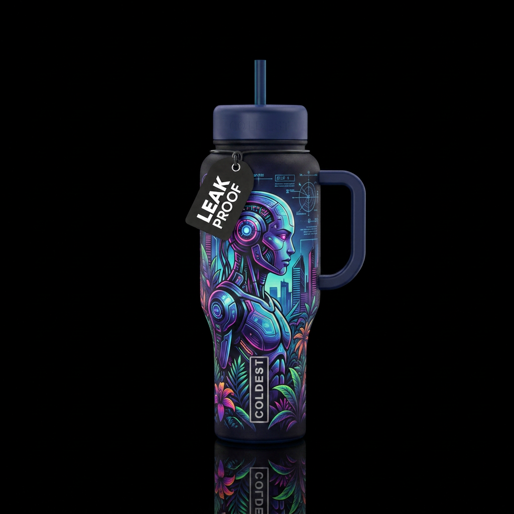 cyborg, exotic plants, skyline, op art, neon, dark... water bottle design