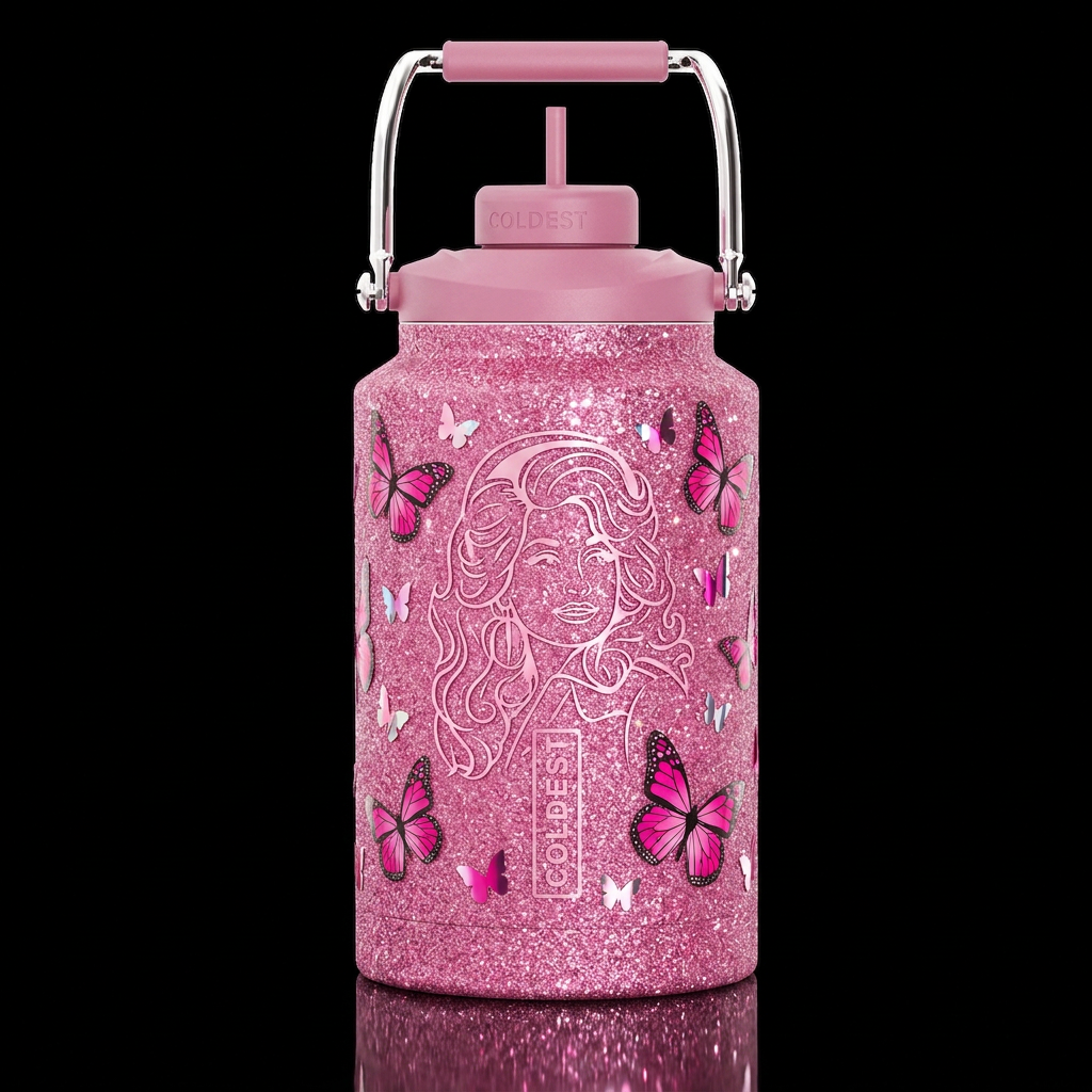 Make a cup with glitter and flashy that has pink a... water bottle design