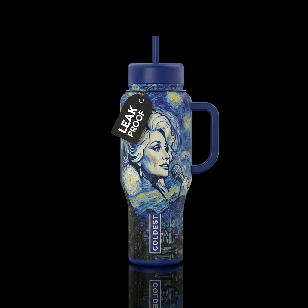 Dolly parton outline crossed with starry night pai... water bottle design