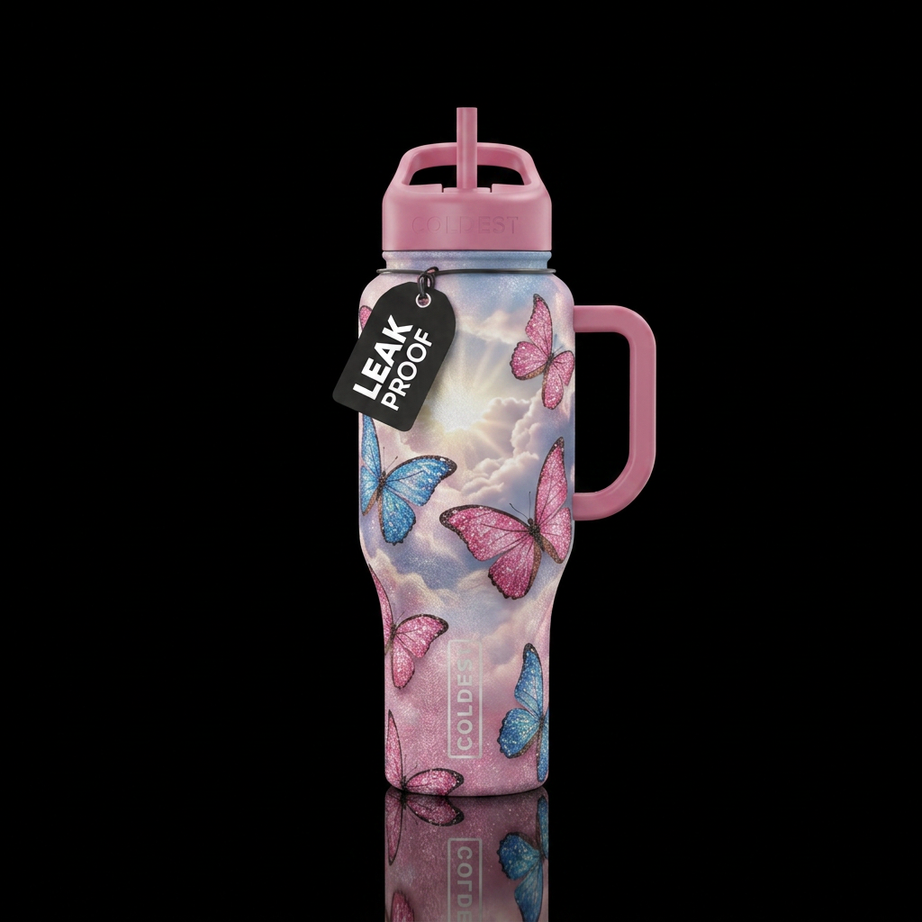 Pink and blue butter fly textured with glittery ap... water bottle design