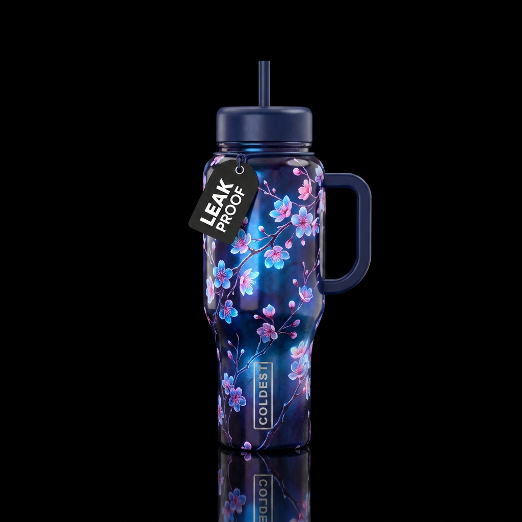 glowie, midnight blue, cherry blossom, artistic, i... water bottle design