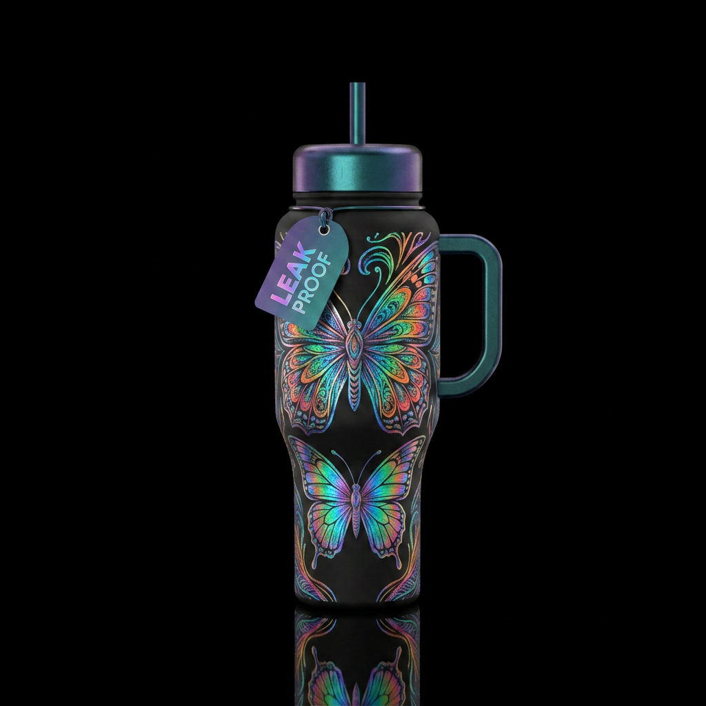 hand drawn, vibrant, irridescent, butterfly water bottle design