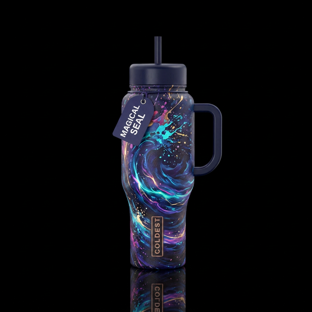 splatter, magical, darkness, inbued, ocean water bottle design