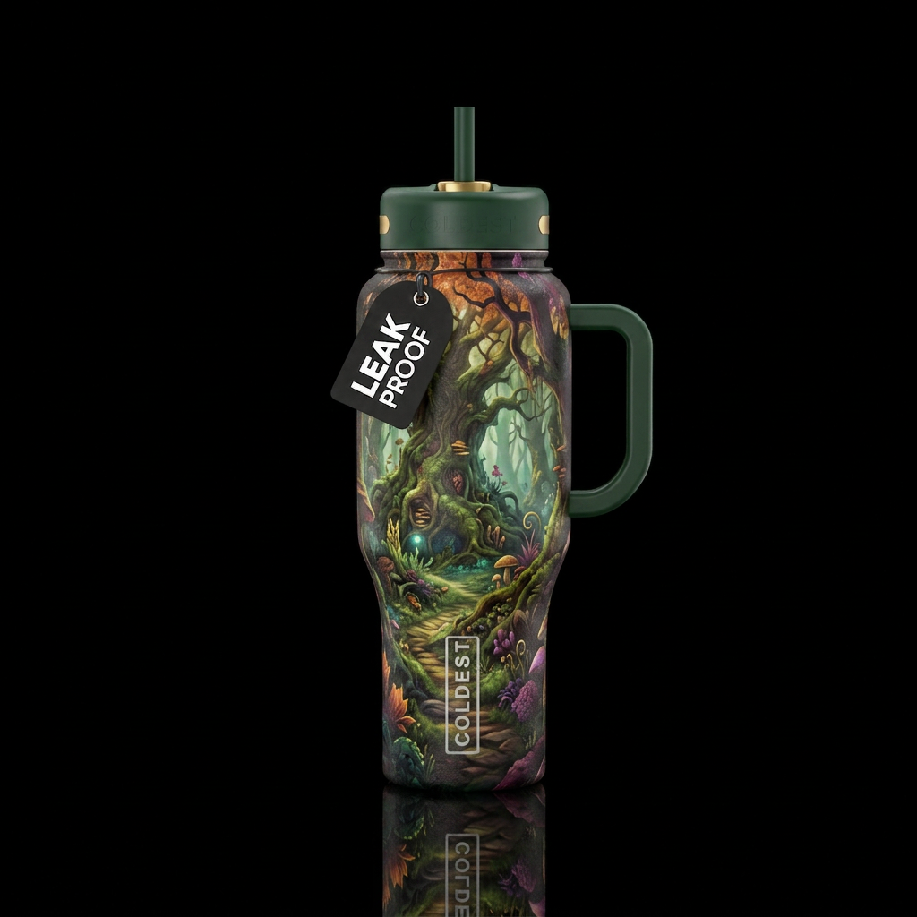 trees, fantasy, realism, artistic water bottle design