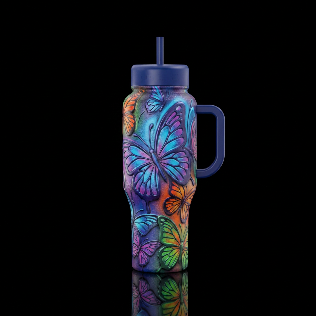 vibrant, abstract, butterfly, spray painted, sculp... water bottle design