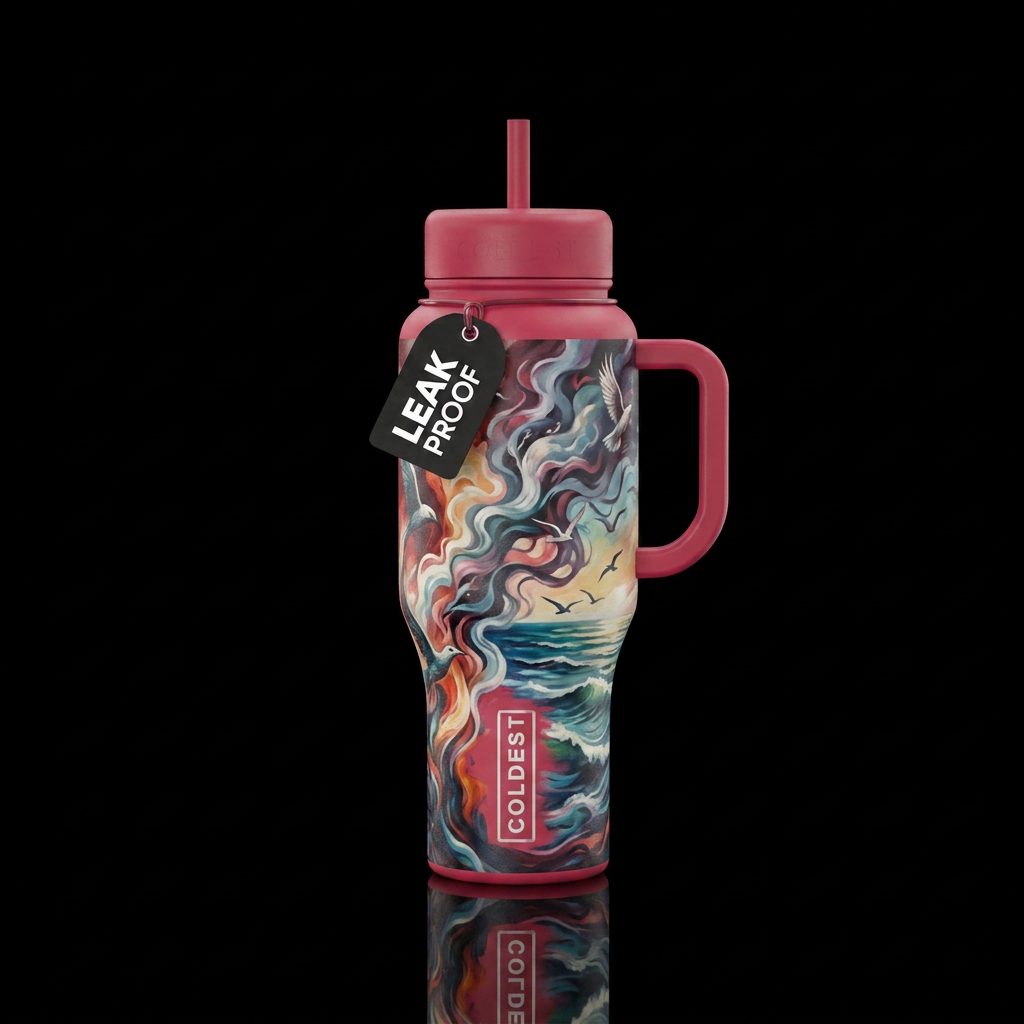 painting, smoke, birds, ocean, carmine water bottle design