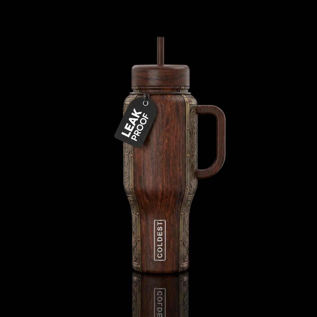 Dark rustic mahogany, metal details, textured water bottle design