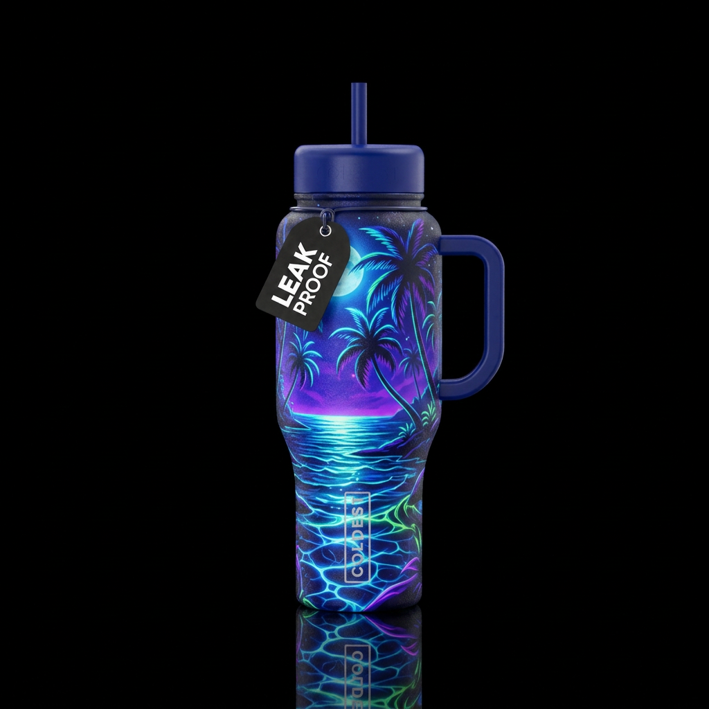 palm trees, electric, fantasy, ocean water bottle design