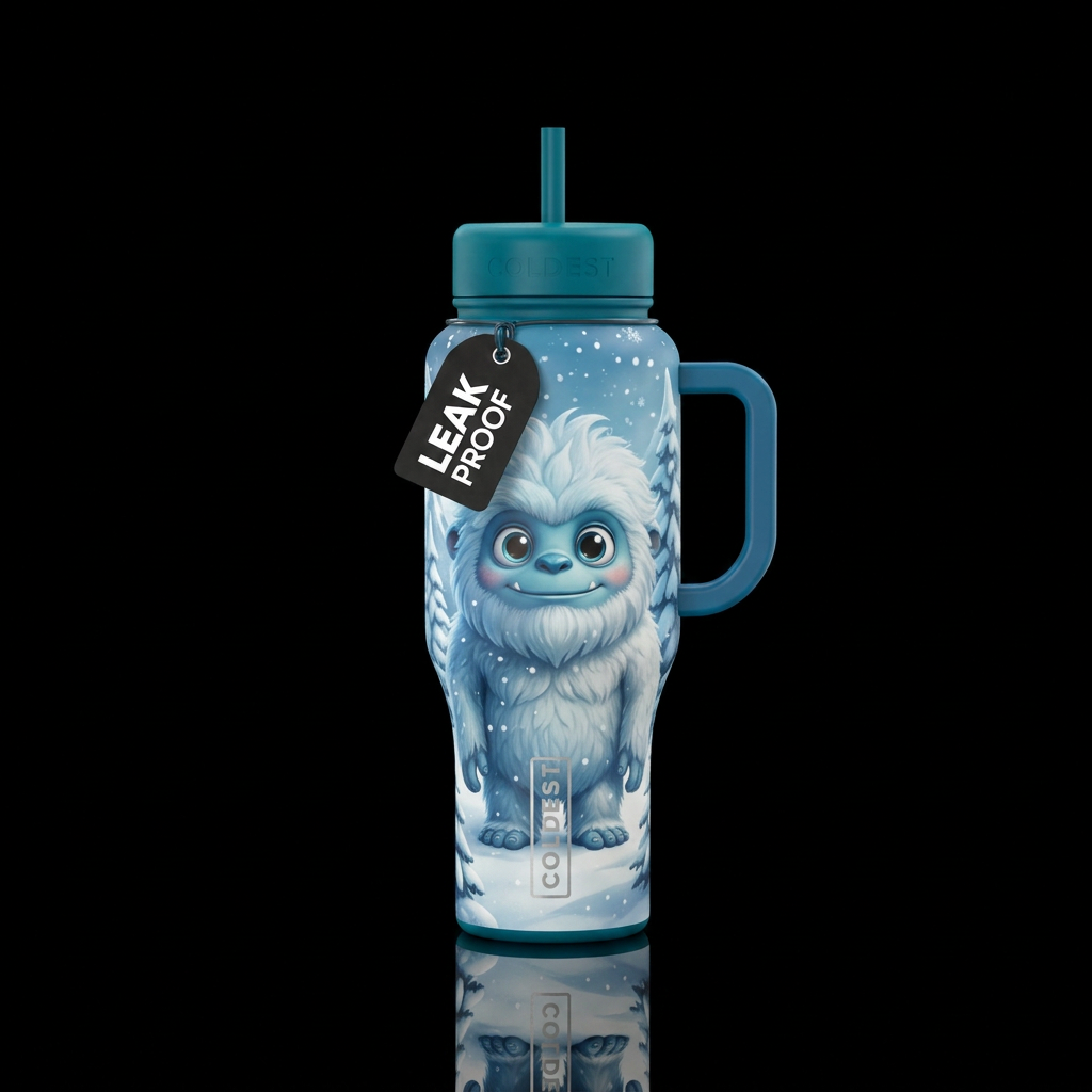 Cute yeti with big eyes snowy scenery water bottle design
