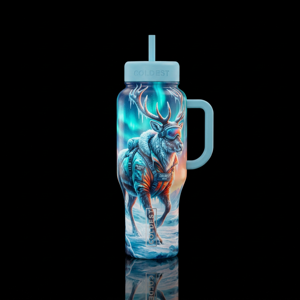 Frosty reindeer in coldest gear water bottle design