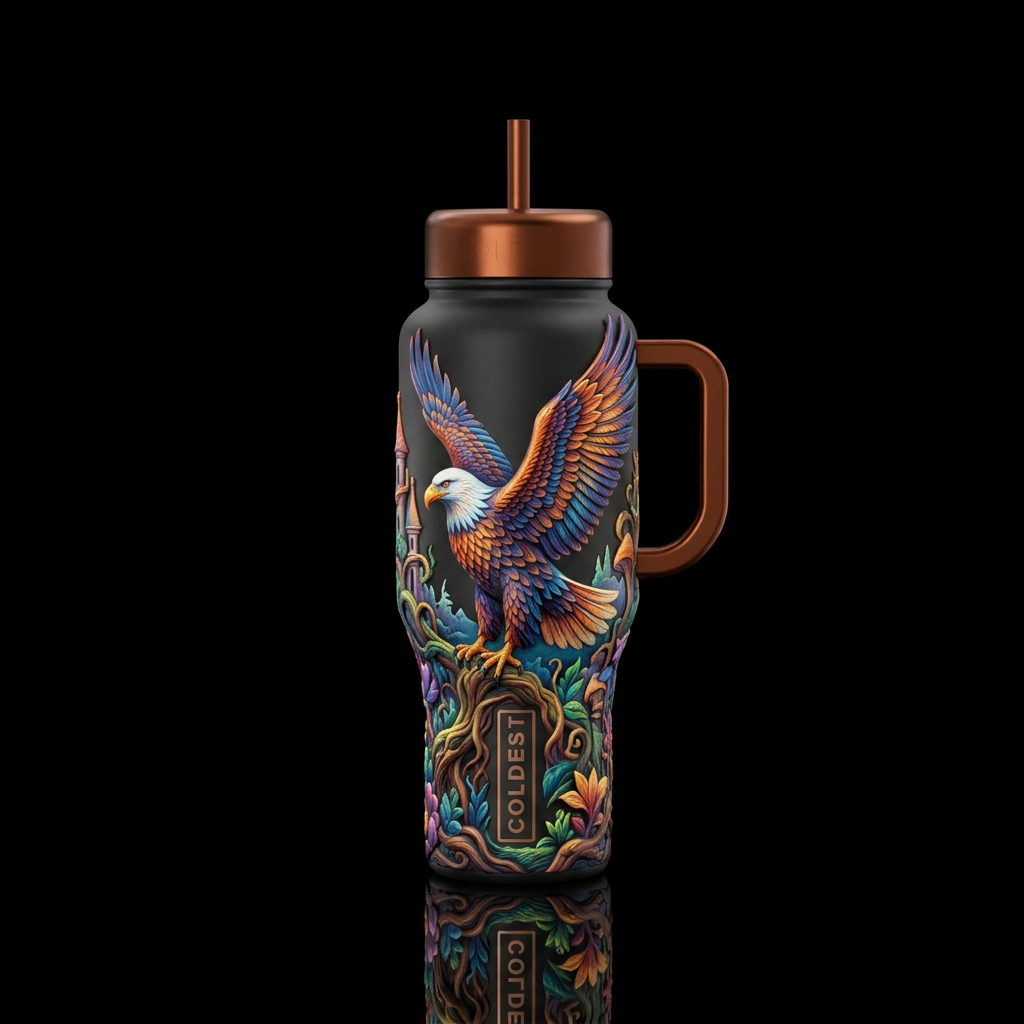 eagle, wonderland, vibrant, sculpted water bottle design