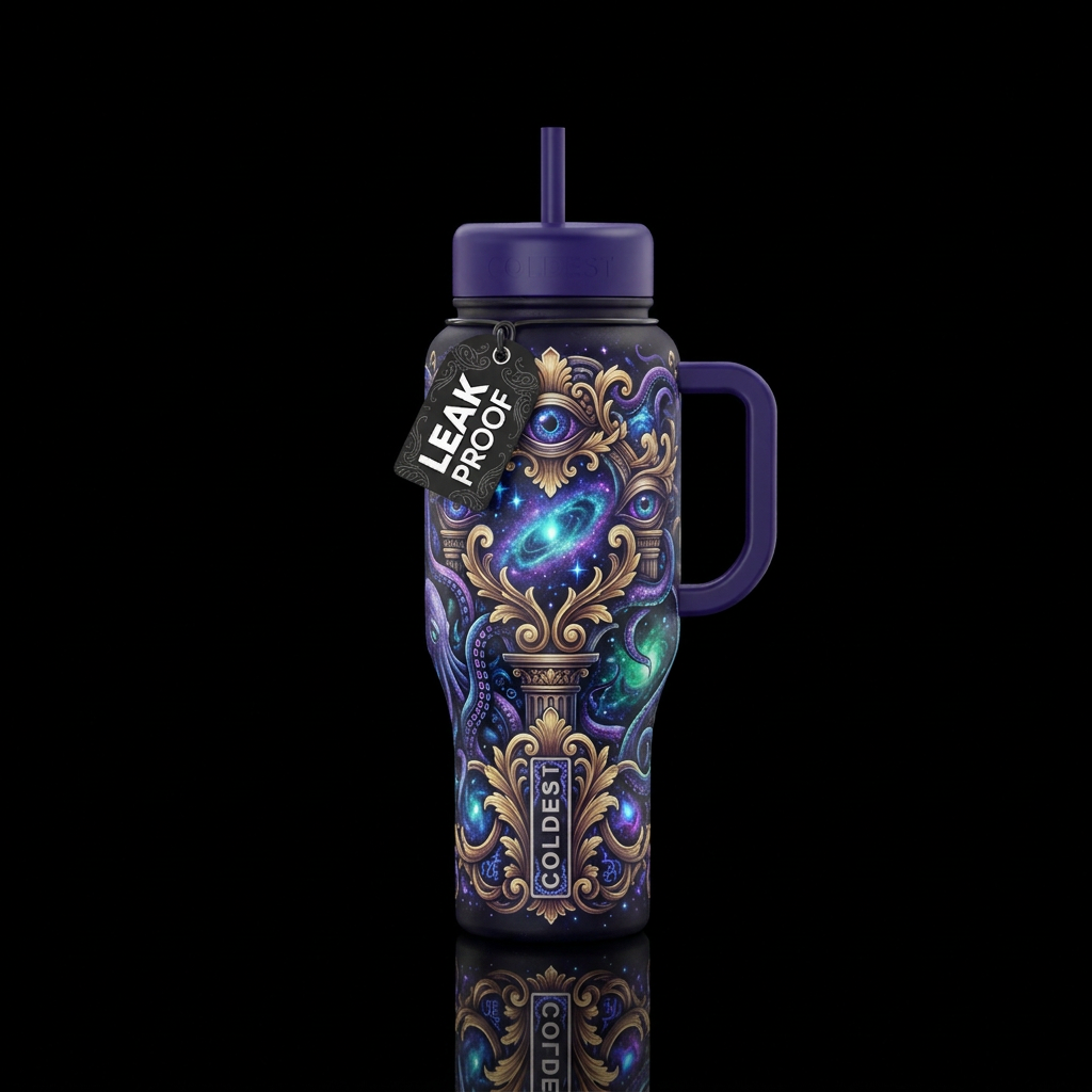 baroque era, cosmic horror, beautiul, glowie water bottle design