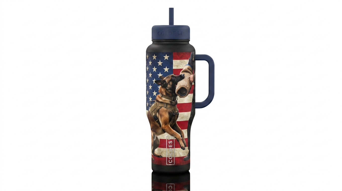 USA flag background with a Belgian malinois dog do... water bottle design