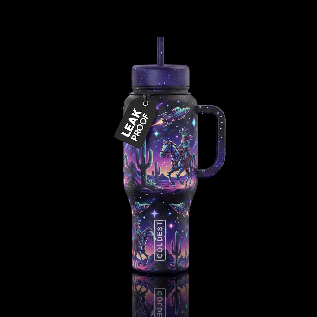 Cowboys, aliens, cactus, space ships, stars, night... water bottle design