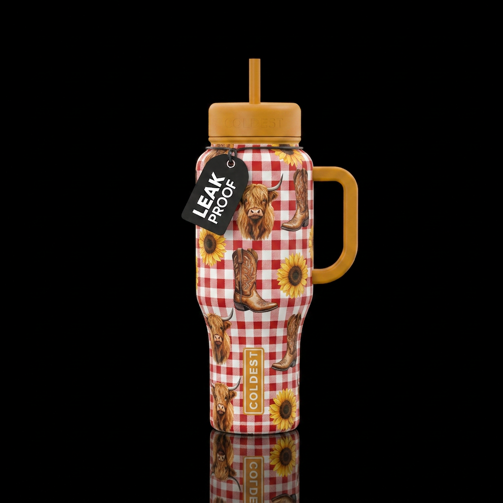 gingham, highland cows, cowboy boots, sunflowers water bottle design