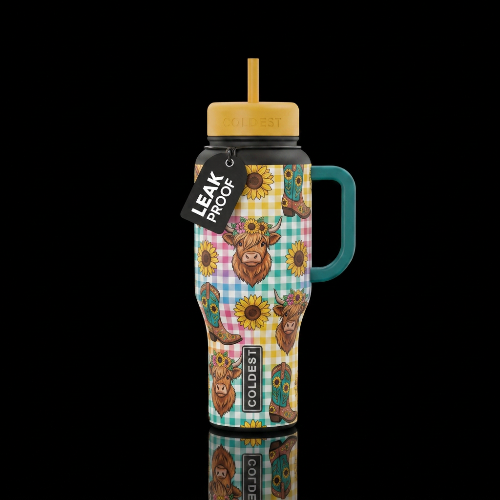 gingham, highland cows, cowboy boots, sunflowers, ... water bottle design