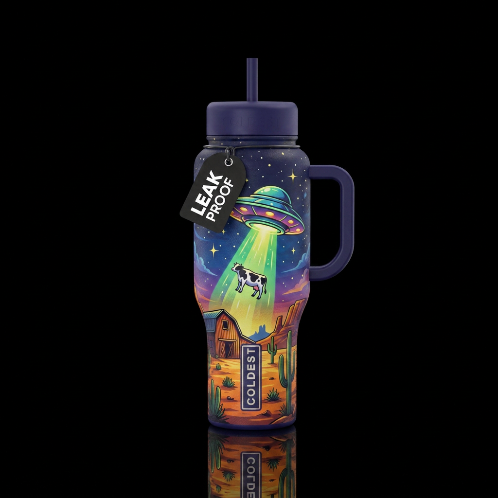 ufo abducting cow, desert, barn, night sky water bottle design