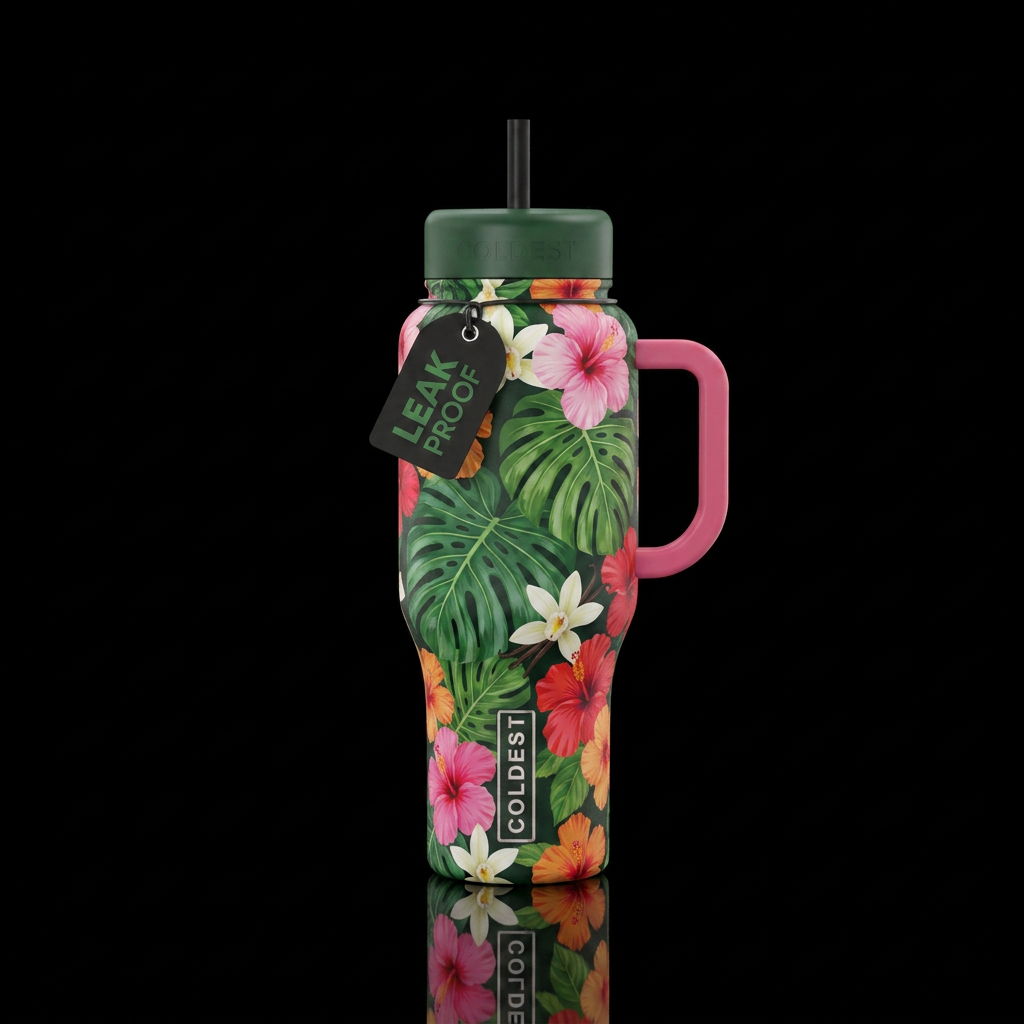 hibiscus, vanilla orchid, pattern, monstera leaves water bottle design