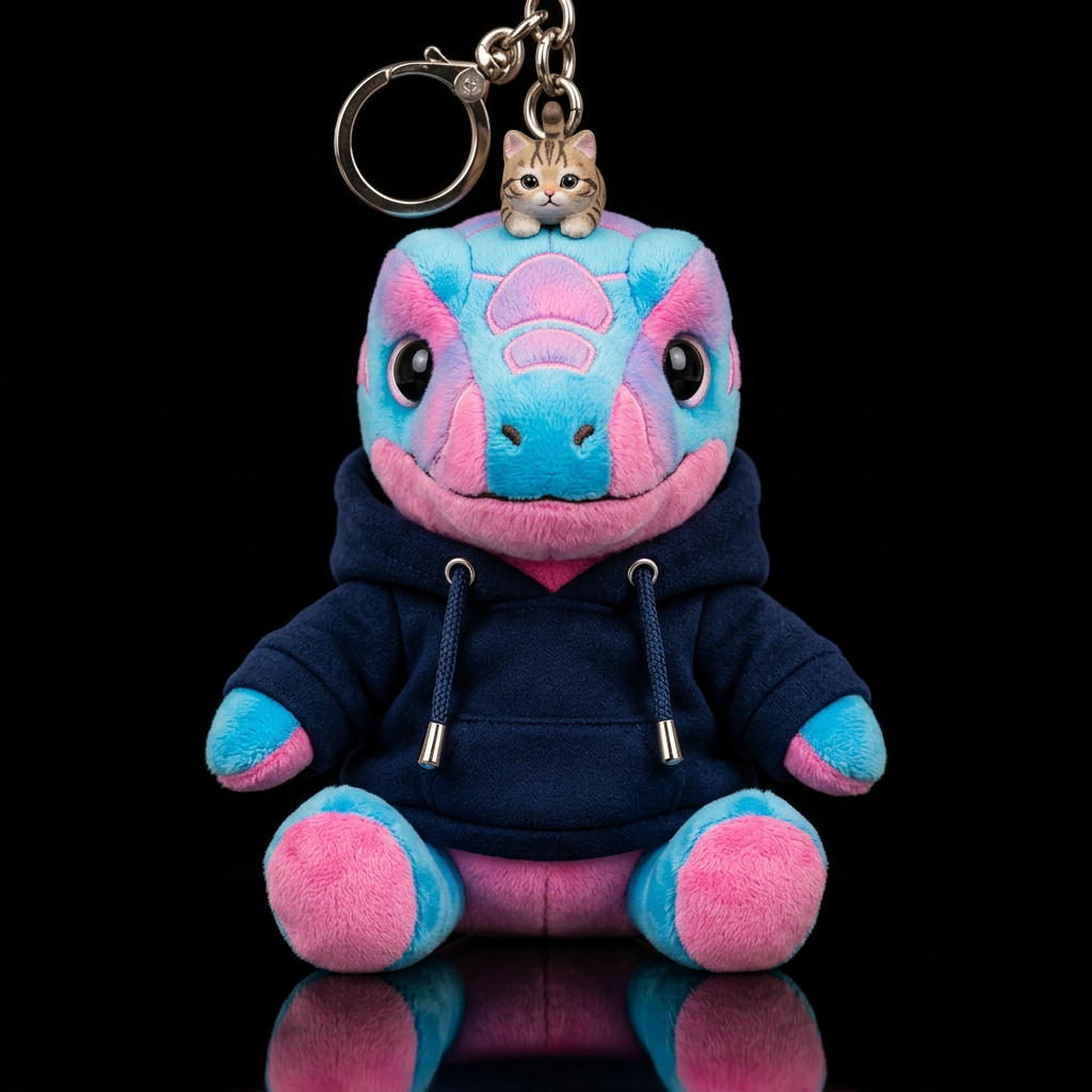 neon blue and pink velociraptor, no hat, tiny cat ... water bottle design