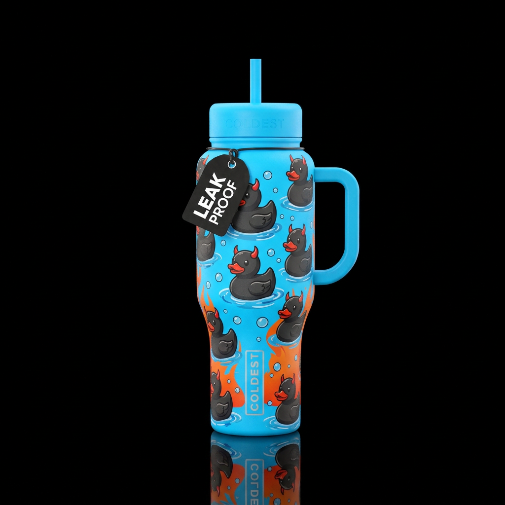 devil rubber ducks, black ducks. red horns, cute, ... water bottle design