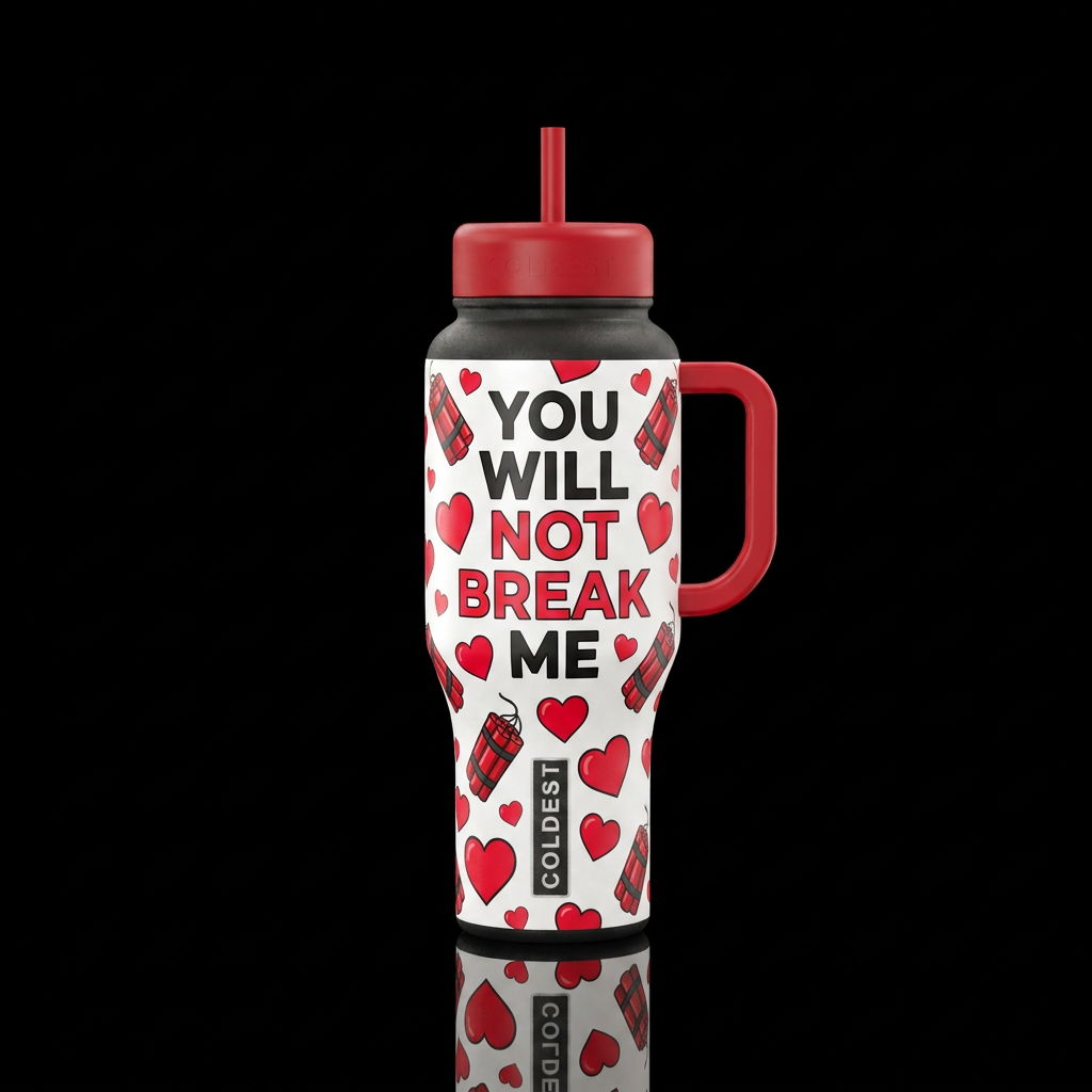 white background, red hearts, dynamite sticks, tex... water bottle design