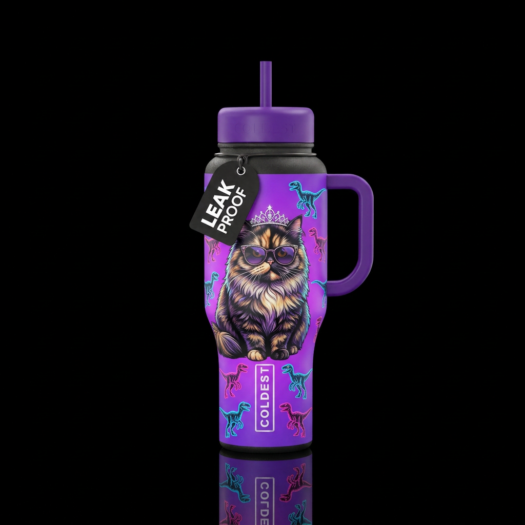 a sibgle large tortie persian cat with sunglasses ... water bottle design