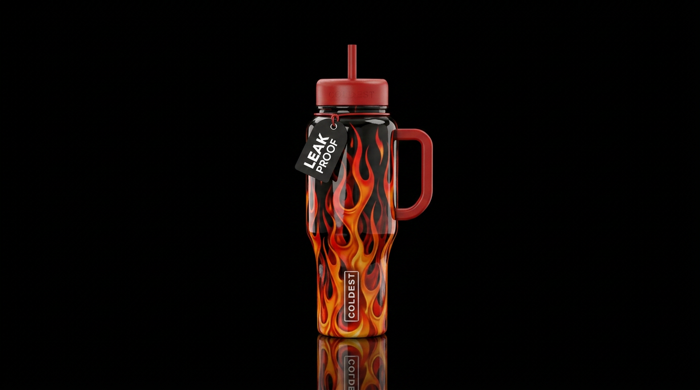 flames, car detailing style, black background, col... water bottle design