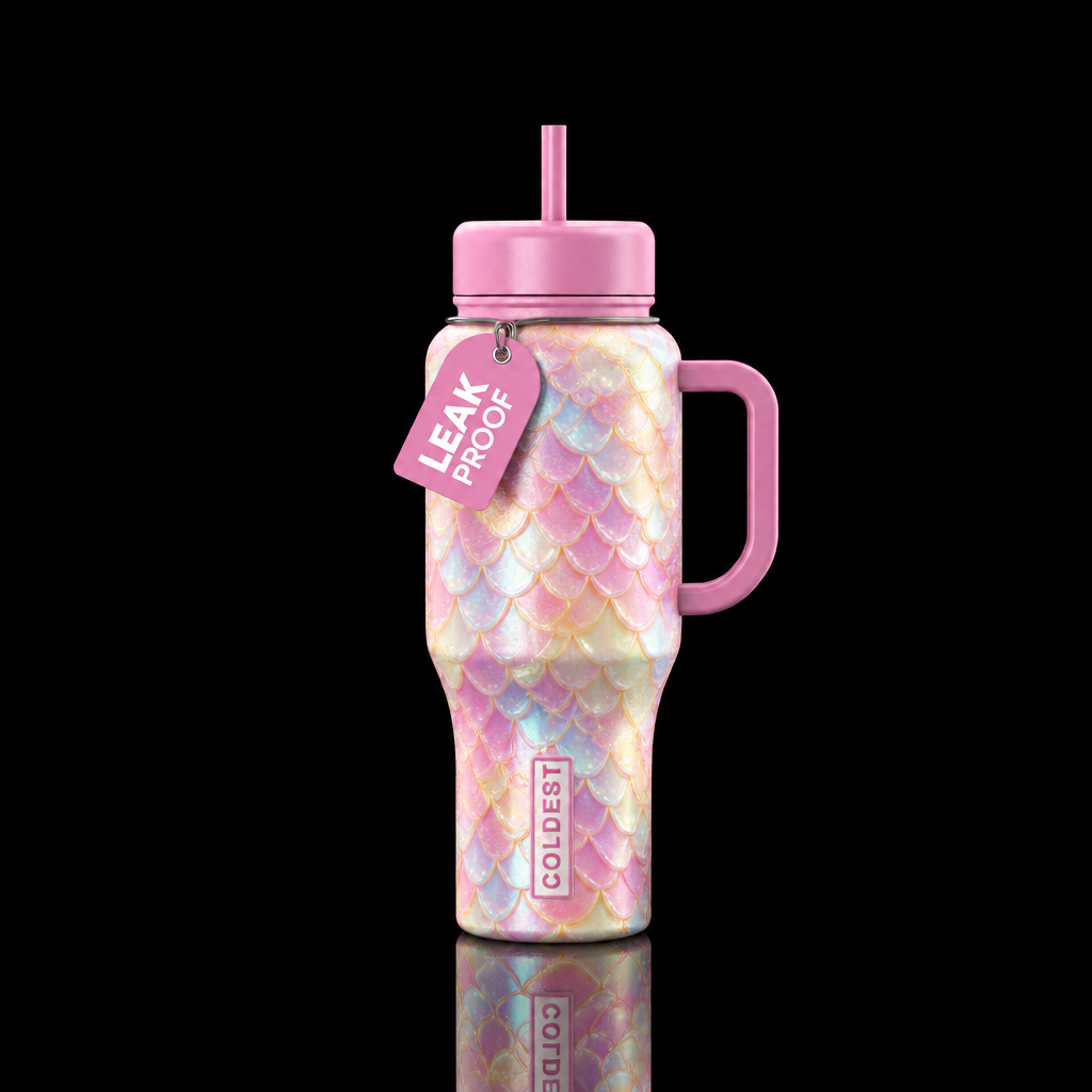 mermaid scales, white handle, opalescent white, pi... water bottle design