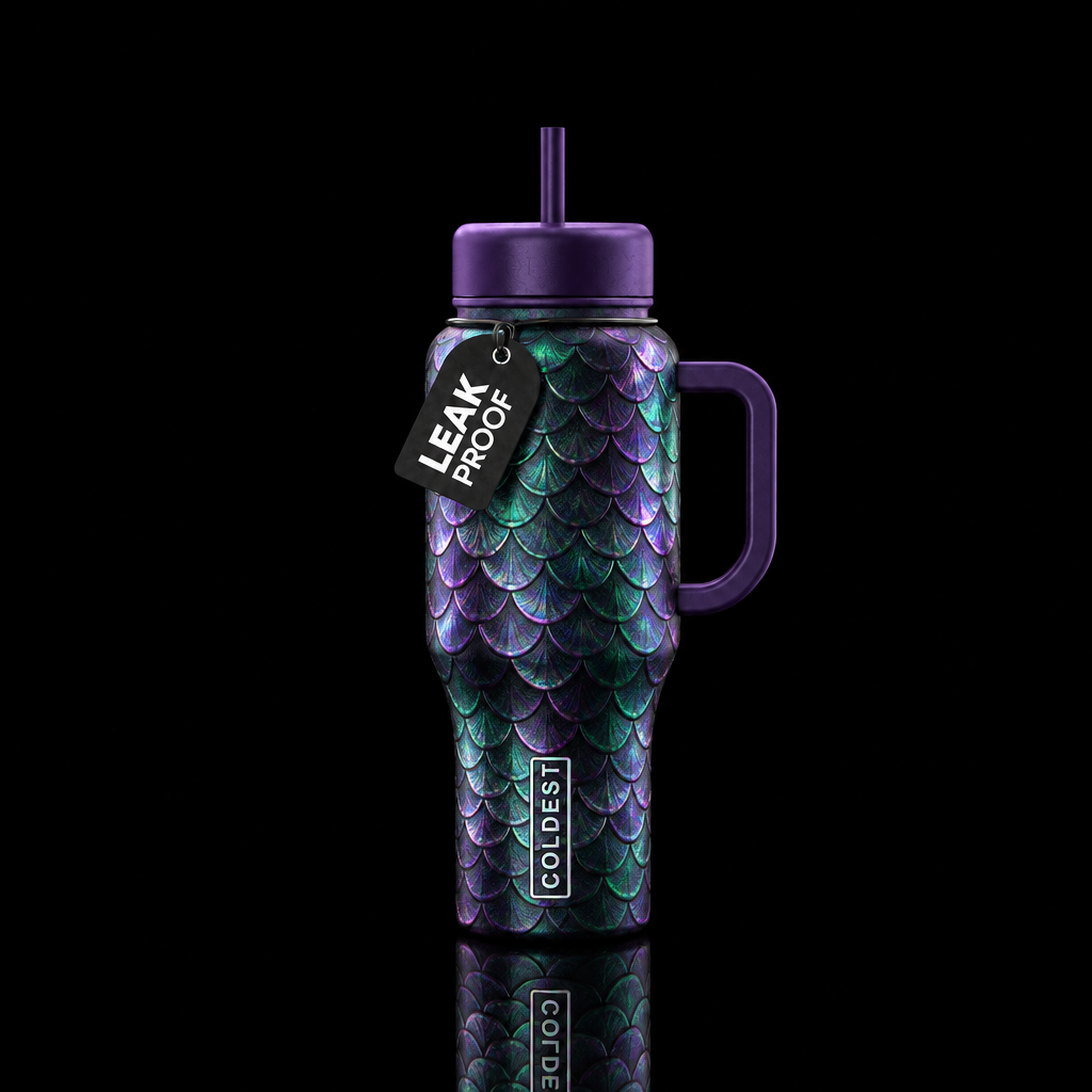 siren scales, dark purple handle, opalescent deep ... water bottle design
