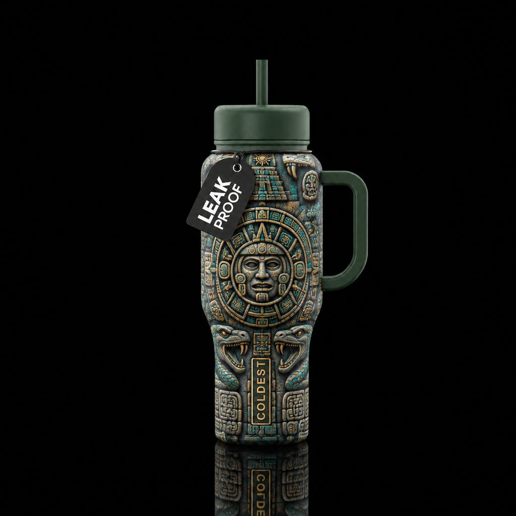 mayan stone carving, skulls, snakes, suns, accurat... water bottle design