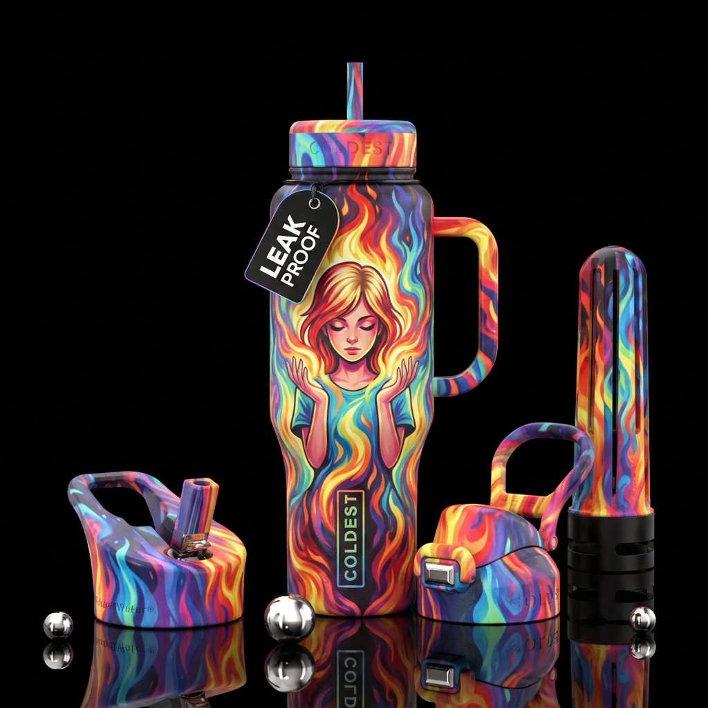 Girl with red & blond hair, hands raised to chest ... water bottle design