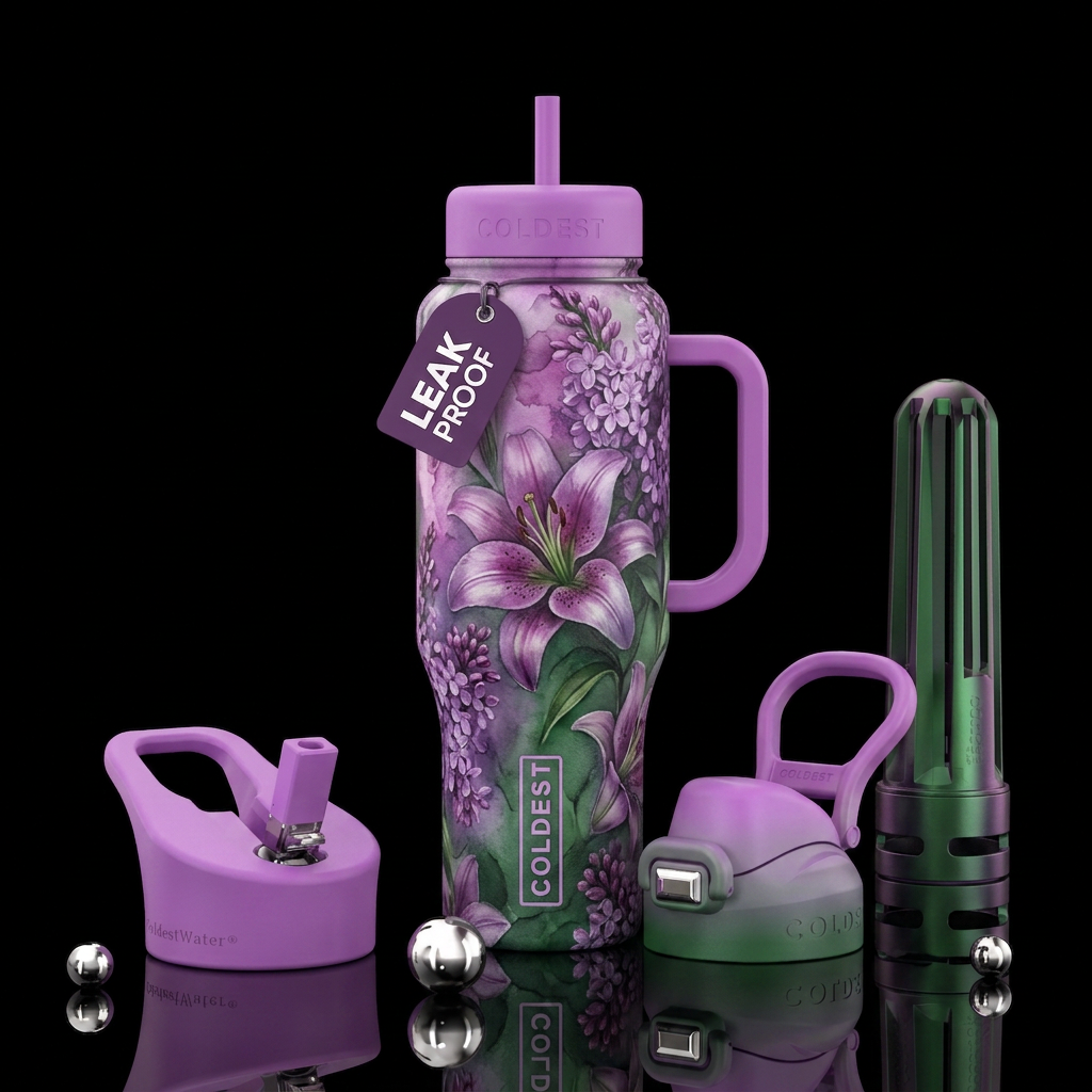 Lilies on lilacs water bottle design