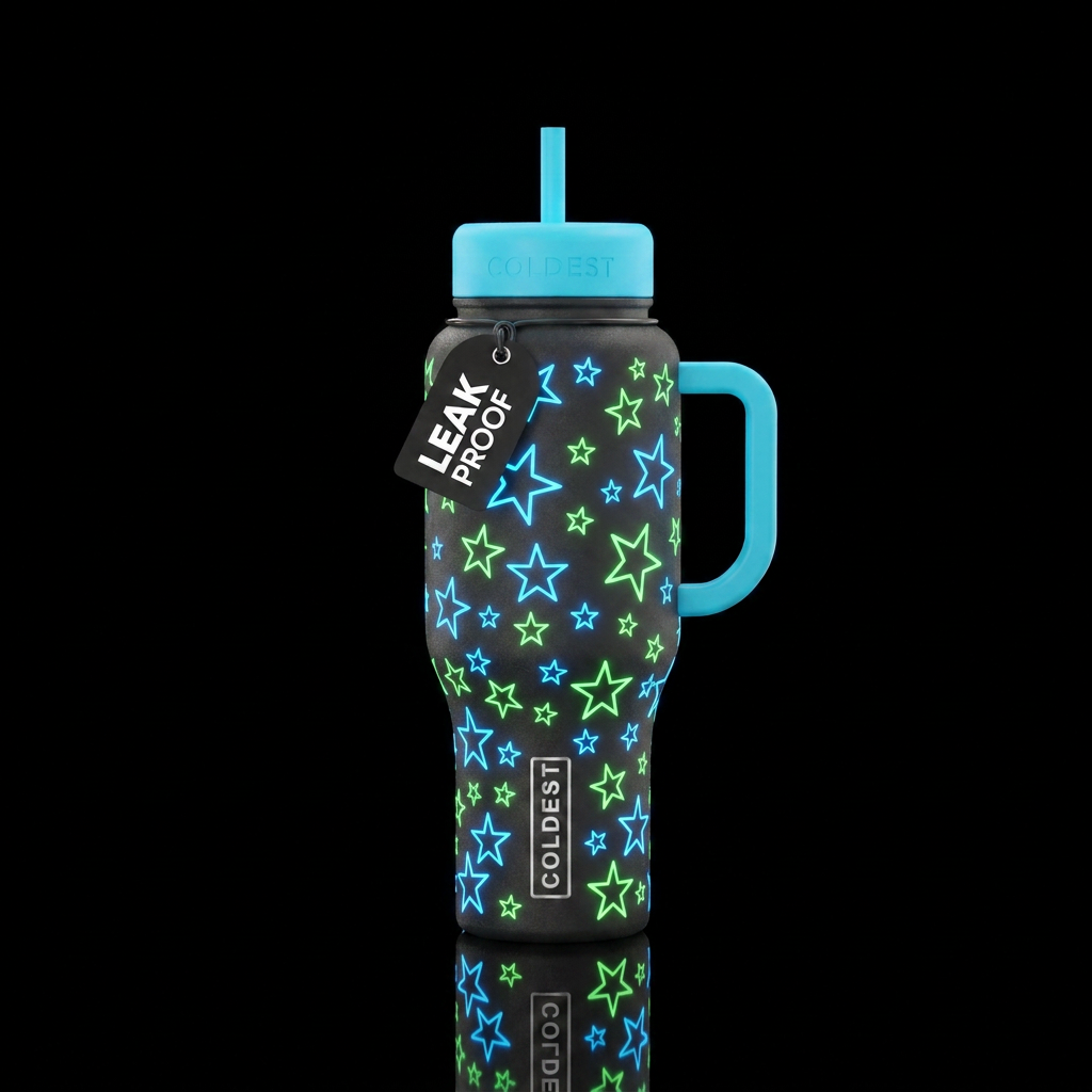 Black bottle with neon blue and green stars water bottle design