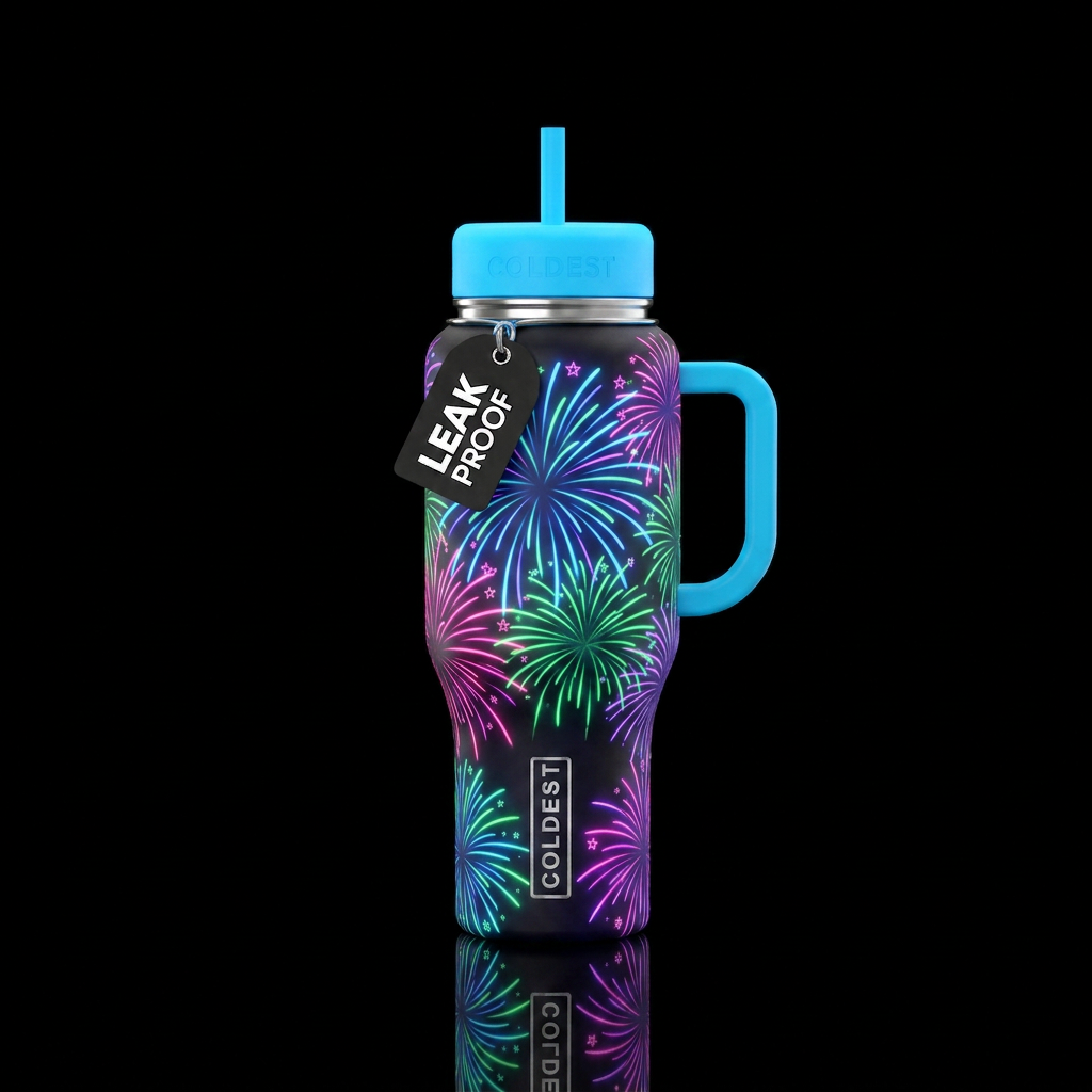 Black bottle with neon blue, green, pink and purpl... water bottle design