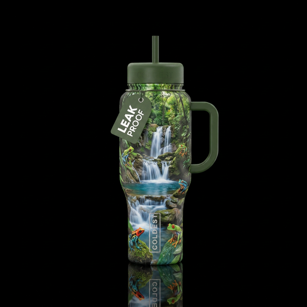 Cascading waterfalls in the rainforest with frogs water bottle design