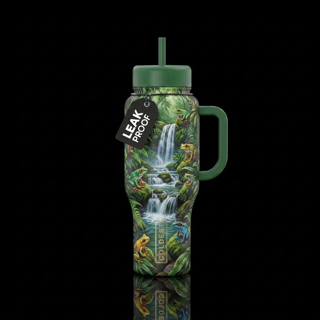 Cascading waterfalls in the rainforest with frogs water bottle design