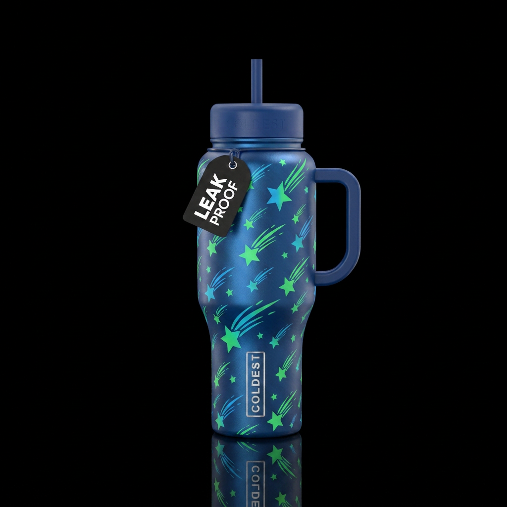 Big and small Green and blue shooting stars on med... water bottle design
