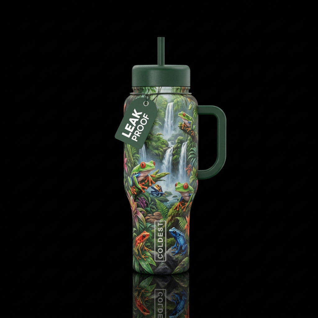 Tropical frogs in a rainforest with waterfalls water bottle design