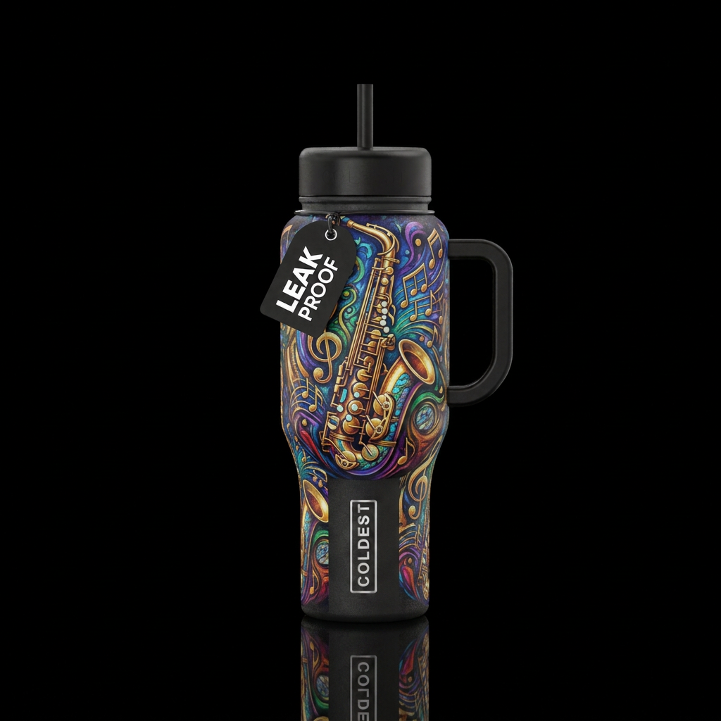 Musical saxaphone with black lid and handle water bottle design