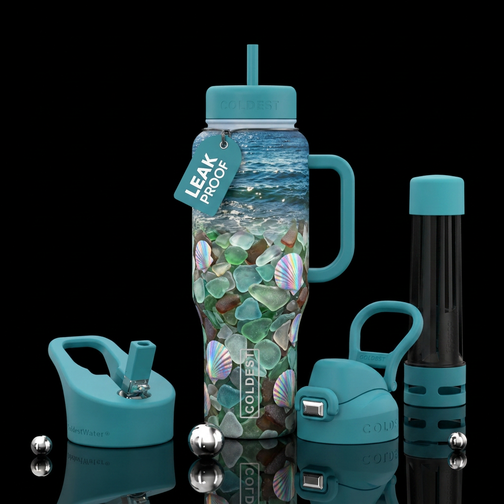 Create a sea glass covered beach, with sea shells ... water bottle design