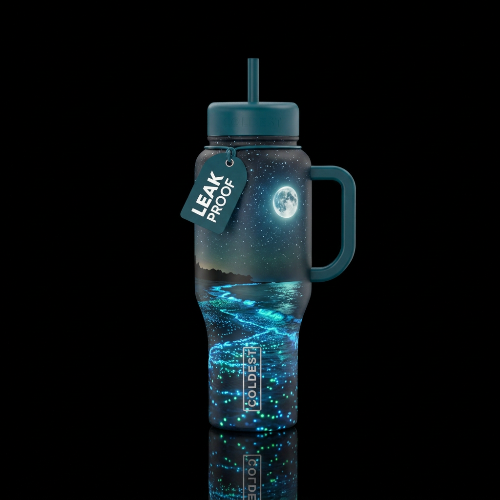 Make an ocean night scene with a moonlight star fi... water bottle design